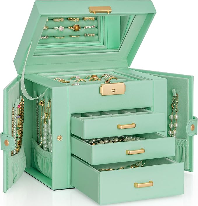 AKOZLIN 4-Tier Jewelry Box Leather Jewelry Storage Organizer with 3 Drawers Lockable for Women Girls Ring Necklace Earring Bracelet Holder with Mirror by AKOZLIN
