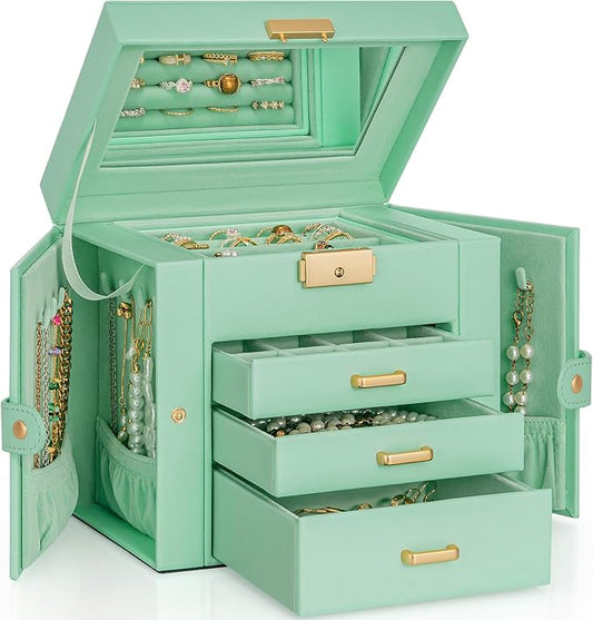 AKOZLIN 4-Tier Jewelry Box Leather Jewelry Storage Organizer with 3 Drawers Lockable for Women Girls Ring Necklace Earring Bracelet Holder with Mirror by AKOZLIN