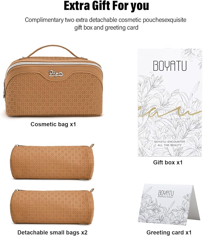 BOYATU Travel Makeup Bag Cosmetic Bags for Women: Large Capacity 3 Pcs Set Make up Bag with Compartments - Waterproof Vegan Leather Toiletry Organizer Bags with Handle (M-74Yellow Brown) - Image 5