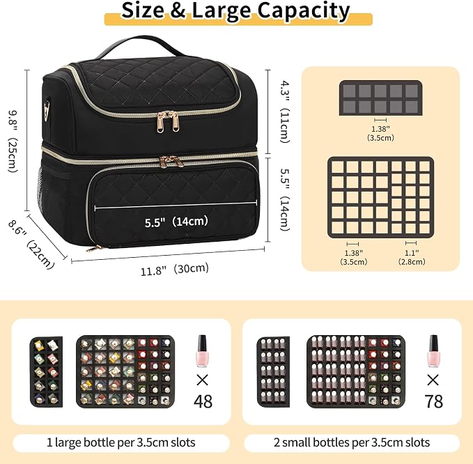CUBETASTIC Nail Polish Organizer & Storage Bag for 48 Bottles & Full-Size Lamp, Double-Layer Travel Case Box for Nail Supplies, Manicure Kit & Pedicure Tools (Black, 48 Slots) - Image 4