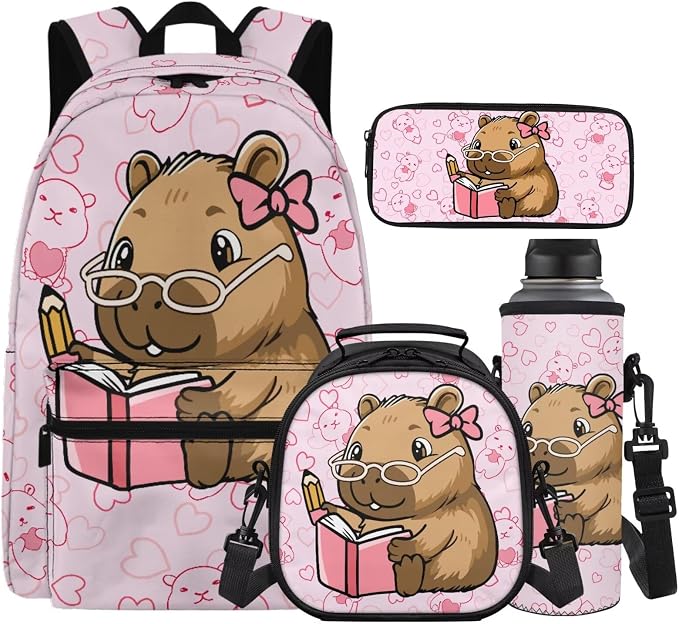 Learning Capybara School Bags for Girls 10-12 7-10 Cute Girls Backpack and Lunch Box Set of 4 Backpack for Elementary Middle School Lightweight 17 Inch Bookbag Daypack by Unknown