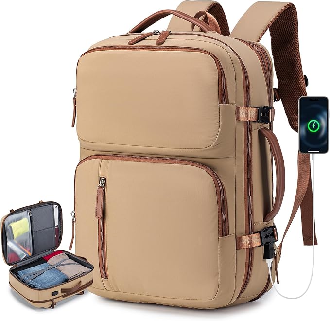 43x33x15cm Personal Item Bag Expandable 30L Travel Backpack 17x13x6 Inches Underseat Bag for Airlines Lightweight Carry on Luggage Water Resistant Flight Approved for College, Weekender Khaki by BAGZY