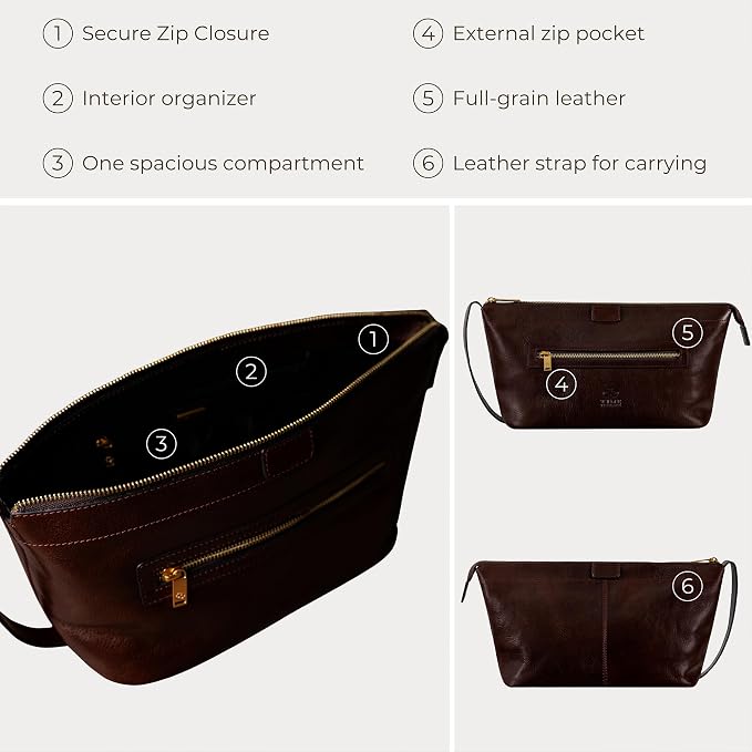 Time Resistance Leather Toiletry Bag - Dopp Kit, Full-grain Leather Cosmetic Case, Wash Bag (Brown) - Image 6