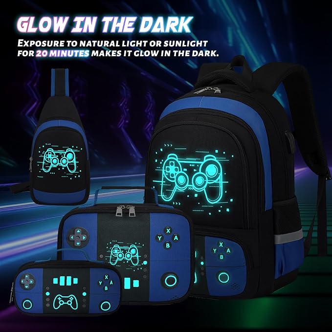 Bevalsa Backpack for School Boys, Cool Luminous Gamer Boys Schoolbag with Sling Bag,Lunch Box & Pencil Case for Kids Children Teens Elementary Middle School(Blue Game Backpack with Shoulder Bag) - Image 3