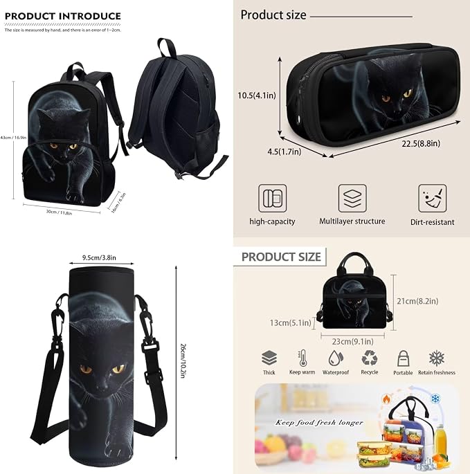 4Pcs Black Cat Print Travel Backpacks for Men Women Adults School Bag Large Capacity Bookbag Schoolbag Tote Lunch Bags Pencil Bag for Purse Fountain Pens Work Camping Diaper Bag Daypack - Image 3