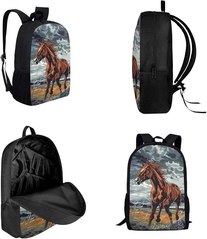17 Inch Animal Print School Backpack And Lunch Box Set for Kids Lightweight Cloudy Sky Majestic Horse Backpack for Boys Girls School Bag with Insulated Lunchbox Pencil Case Student Bookbag - Image 3