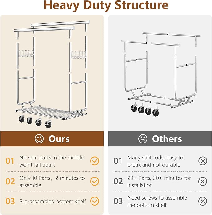 Hoctieon 2-Minute Assembly Double Rod Clothes Rack, Heavy Duty Rolling Clothing Racks with Wheels, Foldable Commercial Garment Rack, Extendable Hanging Bar, Adjustable Metal Pole with Hooks, Chrome - Image 4