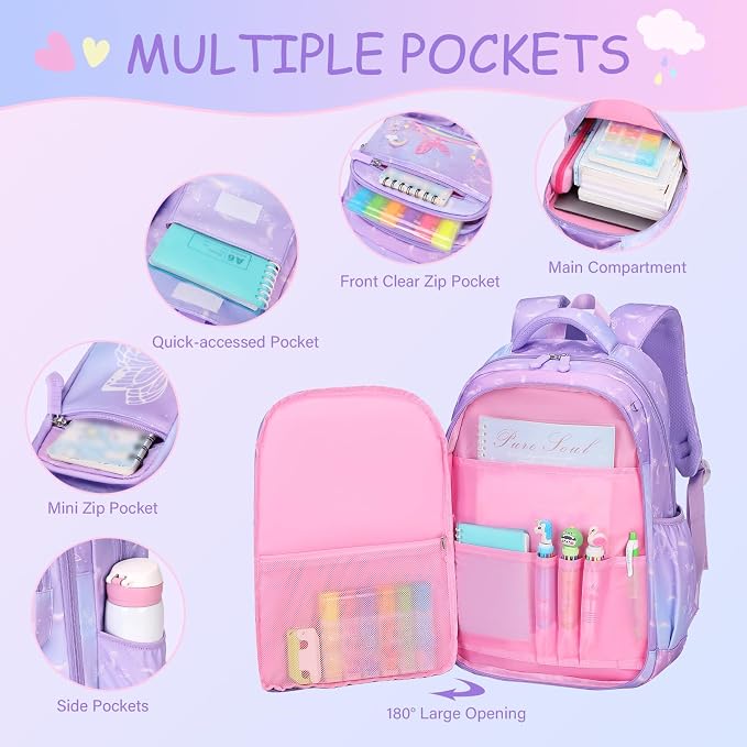 ACESAK Kids School Backpack for Girls, Rainbow Bookbag Backpack with 14OZ Water Bottle, Lunch Bag Set for GirlsTeens Middle Student, Girls Backpacks for School (Purple) - Image 3