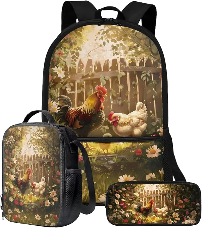 Retro Daisy Rooster Print Backpack Set for Student Schoolbag Lightweight Bookbag Lunch Box Pencil Case 17 Inch Travel Laptop Backpacks Large Capacity Rucksack Daypack by ZIATUBLES