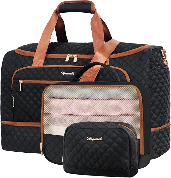 Wogarl 3PCS Weekender Bags for Women Large Overnight Bag Weekend Travel Duffel Bag Carry on Shoulder with Shoe Compartment Canvas Toiletry Bag for Travel Business Gym,Black by Wogarl