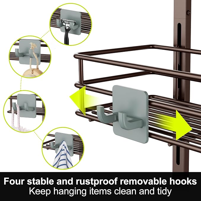 Orimade Over the Door Shower Caddy Adjustable 5 Tier Bronze,Bathroom Hanging Organizer Shelf Rustproof with 4 Hooks,Shower Basket with Soap Holder and Suction Cup - Image 5