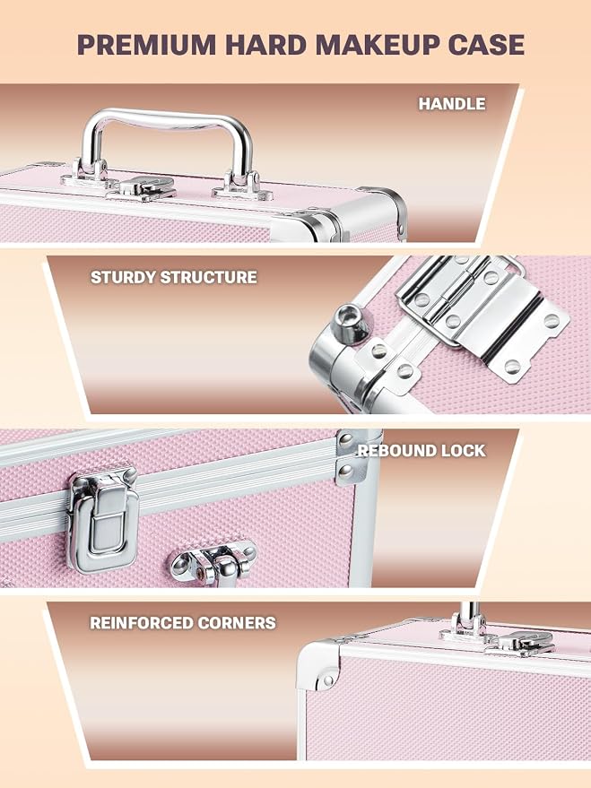 Qislee Makeup Box with Detachable Magnetic LED Mirror, Travel Train Case | Makeup Organizer, Cosmetic Travel Bag for Women, Adjustable Dividers, Brush Slots, Skincare Storage, Portable, Icy Pink - Image 4