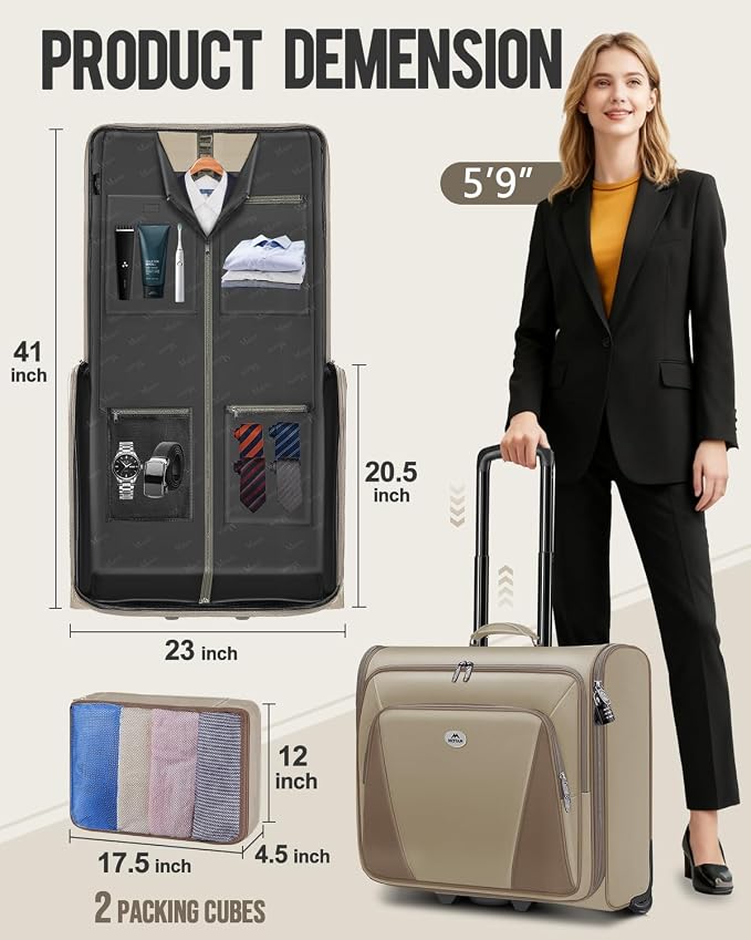 MATEIN Garment Bag with Wheels For Women, Large Wheeled Garment Bag, Khaki | For Hanging Clothes, 2 Packing Cubes, Softside, Foldable Travel Suit Carrier, Business Suitcase Luggage, Fits 17" Laptop - Image 6