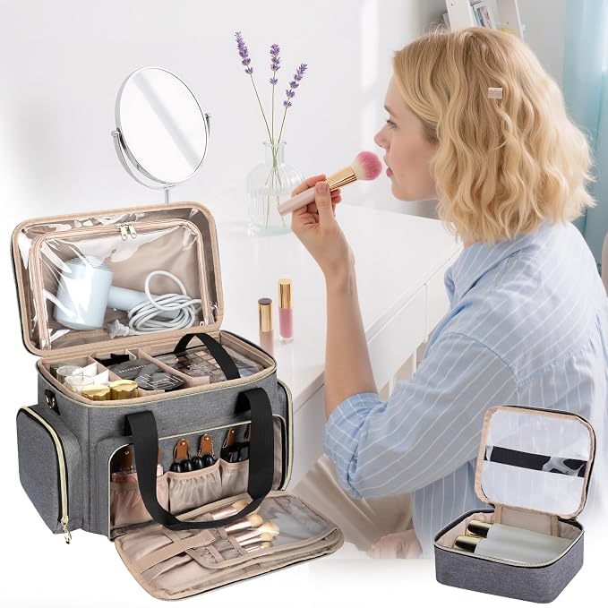 GDNasist Large Makeup Bag, Portable Travel Makeup Bag Organizer for Women Girls with 2 Removable Pouches & Detachable Dividers, Cosmetic Travel Bag, Toiletry Bag for Makeup and Hair Supplies Grey - Image 6