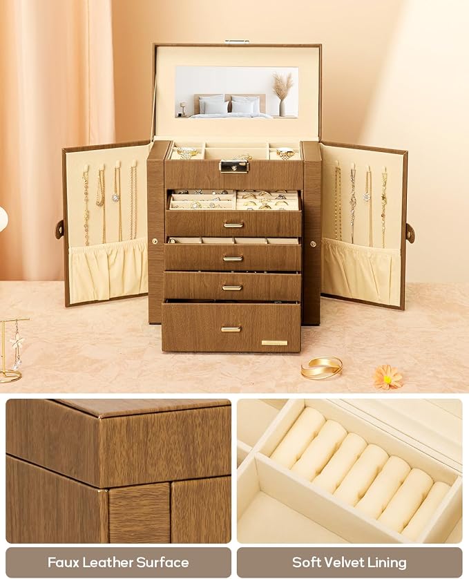 Homde Synthetic Leather Huge Jewelry Box Mirrored Watch Organizer Necklace Ring Earring Storage Lockable Gift Case (Brown + Gold) - Image 6