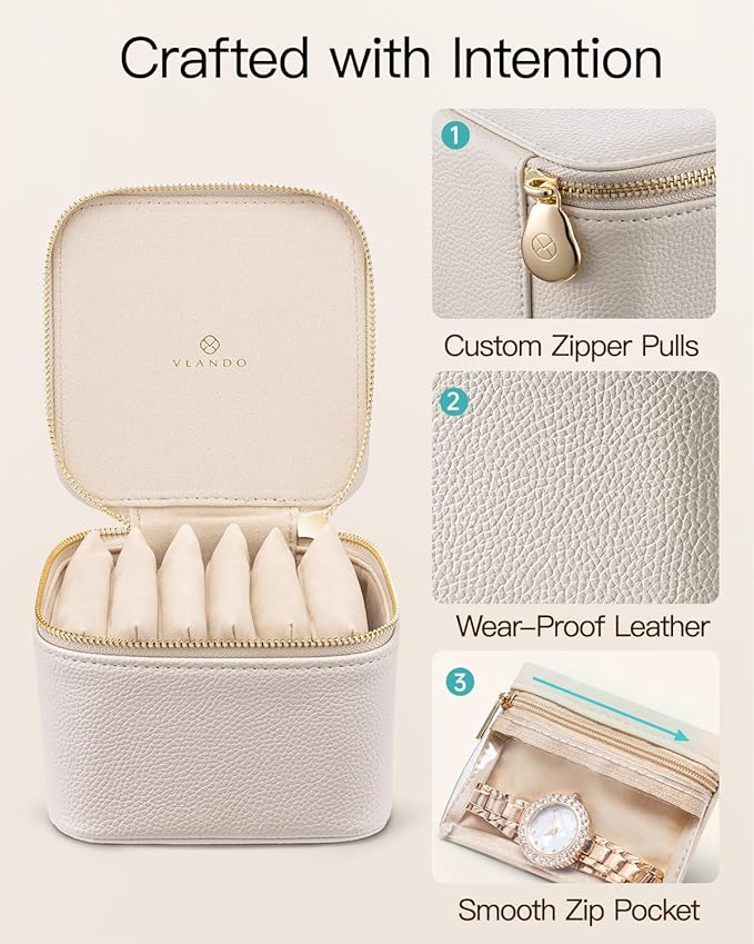 VLANDO Travel Jewelry Case,Valentines Gifts,Small Jewelry Box Organizer,Travel Jewelry Storage with 6 Velvet Jewelry Zipper Pockets, Birthday Gifts for Women Girls (White) - Image 3
