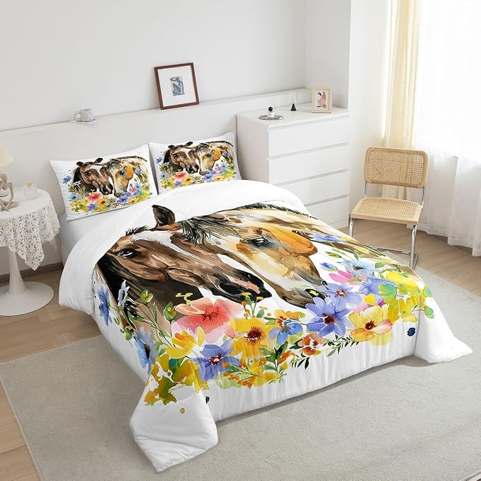 Erosebridal Horse Down Comforter, Flower Branches Comforter Set Full Size for Kids Boys Girls, Watercolor Flower Nursery Bedding Set Rustic Country Quilted Duvet 3 Pieces with 2 Pillow Cases - Image 4