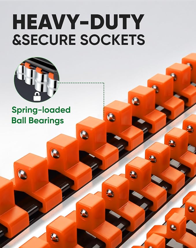 ALOANES 9PC Socket Organizer, Socket Rails Fit 1/2", 1/4" and 3/8" Drive | Heavy Duty ABS Socket Holders Hold up 129 Sockets for Mechanics Toolbox Drawer Bags(Orange) - Image 3