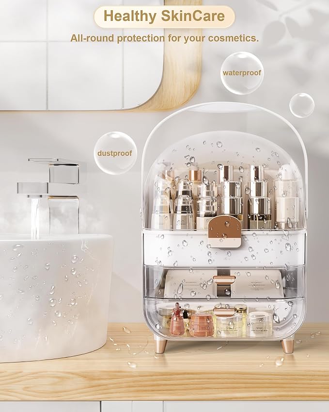 Makeup Organizer Countertop, Skincare Holder Bathroom Counter Organizer, Storage Box Cosmetic Display Cases, Teen Girl Gifts Make up Organizers (White/Brush) - Image 7