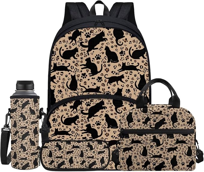 Black Cats Paw Brown Leopard School Backpack for Kids Schoolbag Knapsack Lunch Bag Pencil Box Water Bottle Holder Shoulder Crossbody Handbags Book Bags for Boys Girls Teens, 4 Pack by Jndtueit