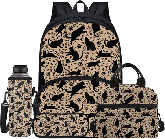 Black Cats Paw Brown Leopard School Backpack for Kids Schoolbag Knapsack Lunch Bag Pencil Box Water Bottle Holder Shoulder Crossbody Handbags Book Bags for Boys Girls Teens, 4 Pack by Jndtueit