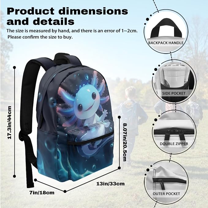 Girls Backpack with Lunch Box Cute Axolotl Elementary School Backpack for Girls 17 Inch School Bookbag Set with Pencil Pouch+Bottle Sleeve, Funny Children's Book Bag Back Pack - Image 3