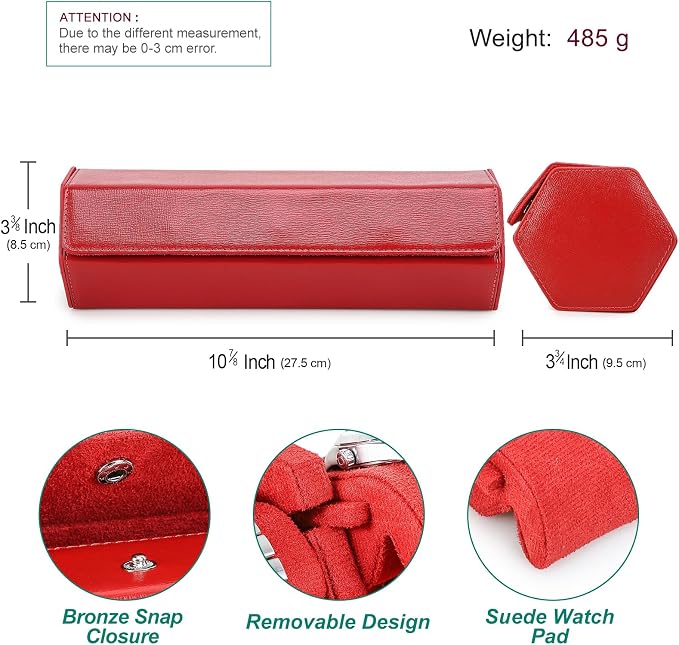Hiram Saffiano Leather Watch Storage Box Handmade Single Travel Watch Case with Removable Suede Watch Pad Scratch-Resistant & Waterproof Bronze Snap Closure Red - Image 2