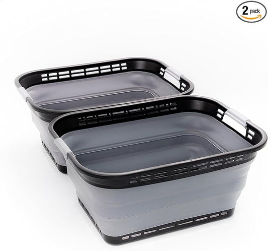 SAMMART 42L (11 gallons) Collapsible Plastic Laundry Basket - Portable Pop Up Storage Container/Organizer - Portable Hamper - Space Saving Easy Storage (Black/Frost Grey (Set of 2)) by SAMMART