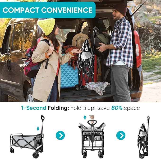 Collapsible Wagon with Quiet Wheels - Silent Grocery Shopping Cart for Seniors, Foldable Utility Cart for Laundry & Apartment, Washable Heavy Duty Rolling Wagon with Two Mesh Pockets, Gray - Image 7