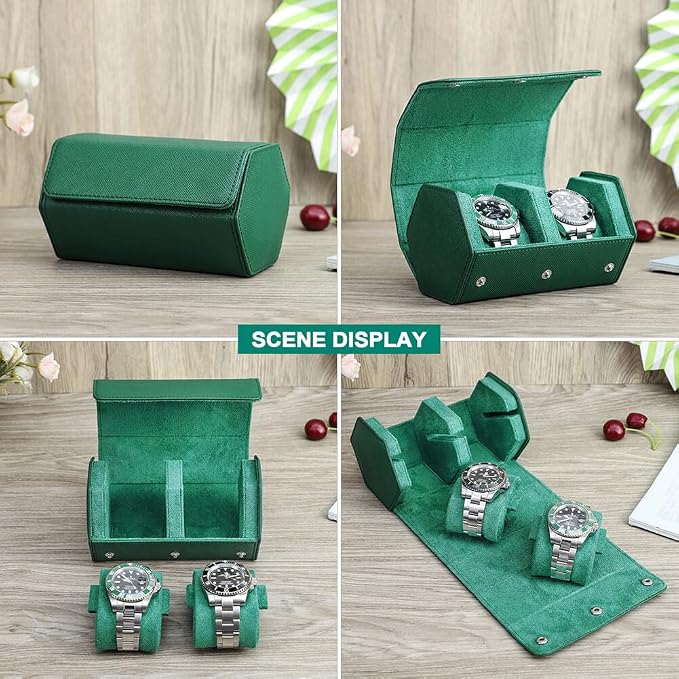 Hiram Genuine Leather Saffiano Leather Watch Roll Travel Case, Leather 2-Watches Roll Case for Treasured Watches and Bracelets(Green) - Image 6