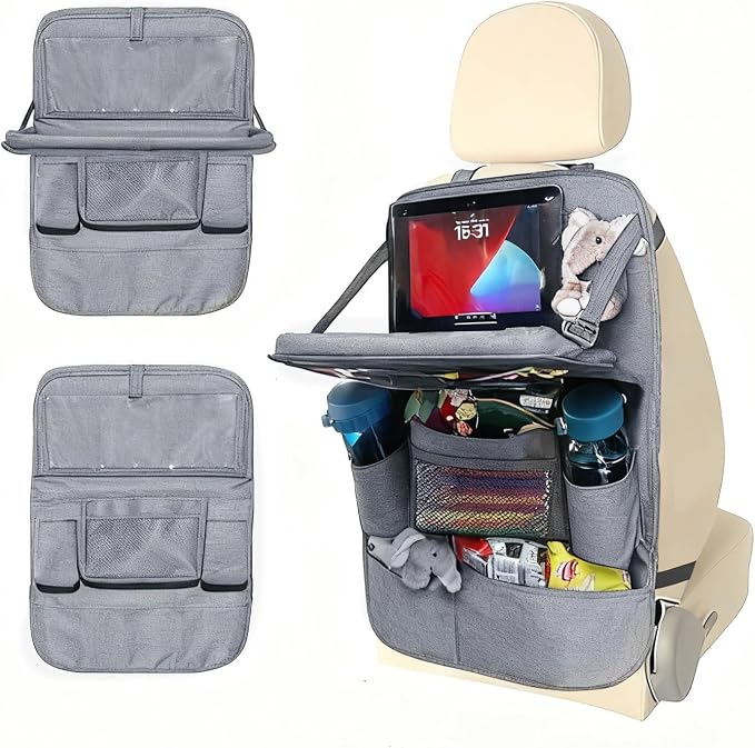 Backseat Car Organizer with Tray, 9 Storage Pockets Back Seat Protector with Foldable Tablet Holder, Waterproof Back of Seat Kick Mats for Kids Adult, Travel Accessories, Gray by HaoxiangAuto