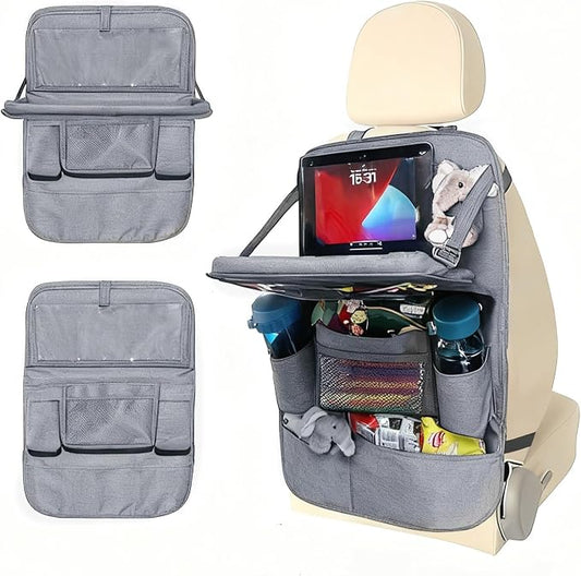 Backseat Car Organizer with Tray, 9 Storage Pockets Back Seat Protector with Foldable Tablet Holder, Waterproof Back of Seat Kick Mats for Kids Adult, Travel Accessories, Gray by HaoxiangAuto