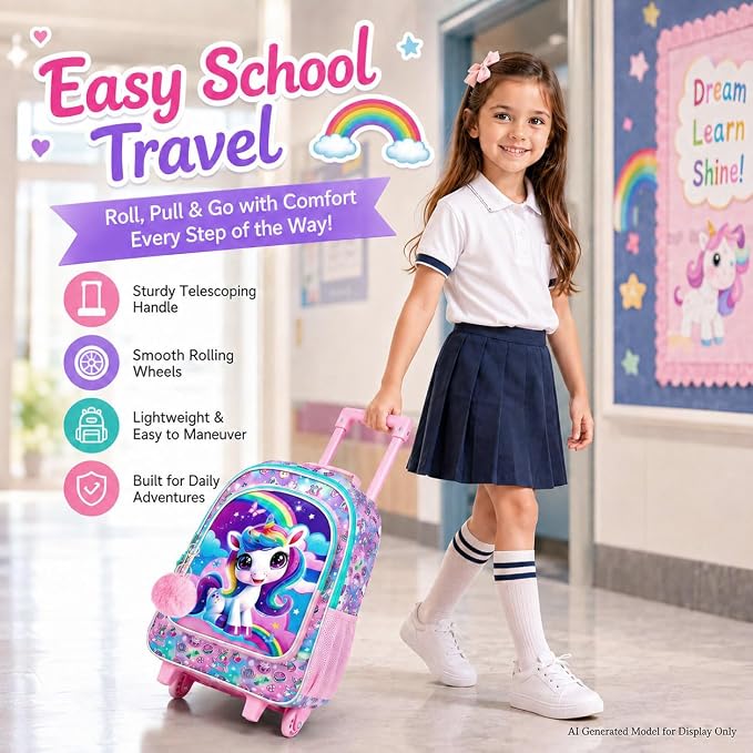 HPJGD 3PCS Unicorn Rolling Backpack for Girls, Kids School Backpacks with Wheels, Water Resistant UV Printed Roller Wheeled Bookbag Set - Image 2