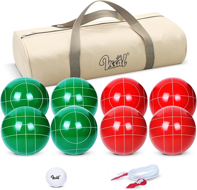 100mm Bocce Ball Set Regulation Size and Weight with 8 Resin Bochie Balls, Pallino, Carrying Bag, Measuring Rope, Gift for Family Backyard Lawn Yard Beach Bocci Games (Multi Colors, 2-8 Players) by VSSAL