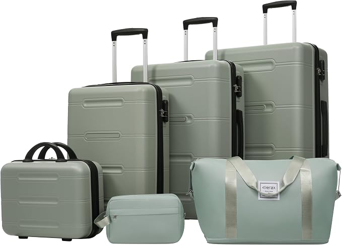 Merax Luggage Set,6 Piece Suitcase with Bags,Lightweight Carry on Luggage | 14/20 IN Airplane Approved,24/28IN Hardside Suitcase with Double Spinner Wheels Handle Password Lock,Light Green by Merax