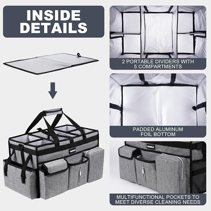 Extra Large Cleaning Caddy Bag with Rigid Support Board, Cleaning Organizer Tote with Detachable Divider, Adjustable Shoulder Strap & Waist Belt, Cleaning Supply Carrier for Cleaners & Housekeepers - Image 3