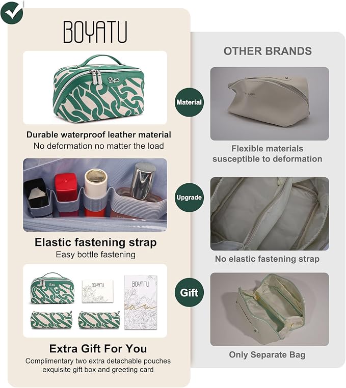 BOYATU Travel Makeup Bag for Women: Large Capacity 3-Piece Cosmetic & Toiletry Organizer - Expands Storage by 50% with 2 Detachable Pouches,Opens Flat for Easy Packing,Waterproof PU Leather(Green) - Image 2