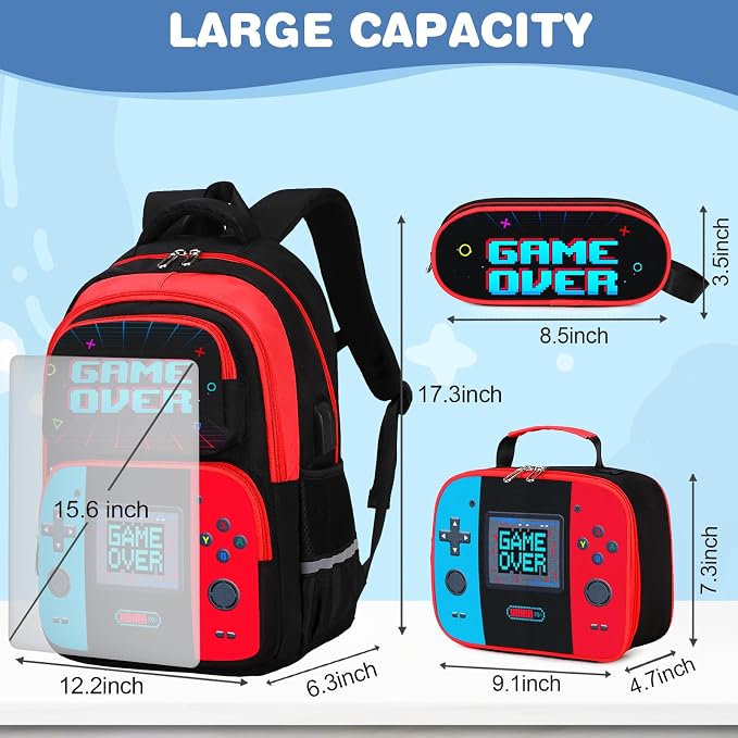 Bevalsa Backpack for Boys, School Bags for Kids, Bookbag for Boys Children Teens Backpacks for Elementary Middle High School Student, Bookbag and Lunch Bag Set with USB Charging Port (Red Blue) - Image 2