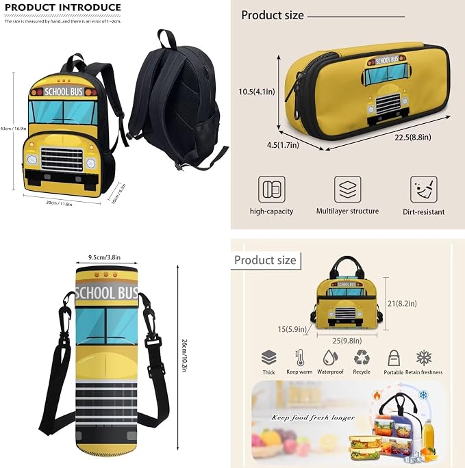 POLERO Yellow School Bus Backpacks Kids School Bookbag with Lunch Box Back to School Bus Print School Bags for Boys Girls Students - Image 3