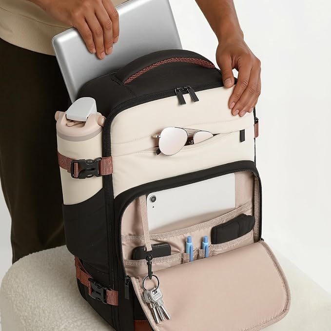 mibasies 40L Travel Backpack for Women & Men: Flight Approved Carry On Backpack, TSA Personal Item Bag with Water Bottle Pocket, Weekender Essentials Backpacks fits 17" Laptop - Black White Brown - Image 7
