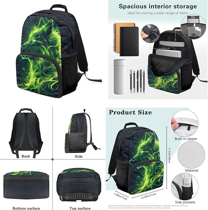 Green Wolf Kids Elementary School Backpacks For Boys with Lunch Box Soft Pencil Case Water Bottle Sleeve for Ages 6-10 4Pcs Set 17 Inch Large Capacity Lightweight Supplies School Gifts - Image 7
