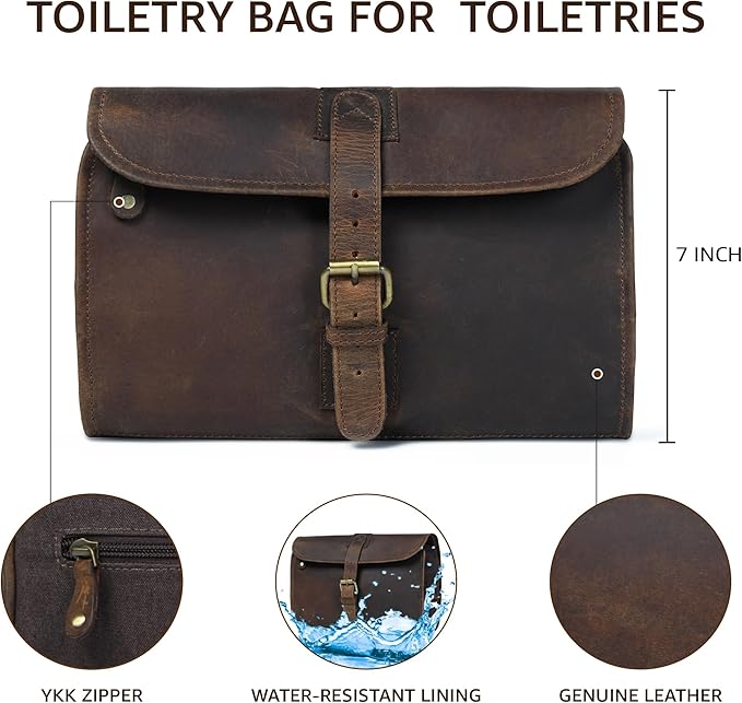 LEATHER VILLAGE Hanging Genuine Leather Toiletry Bag for Men & Women with Waterproof Lining – Handcrafted Vintage Travel Dopp Kit, Shaving Organizer & Shower Bathroom Essentials Case - Brown - Image 3