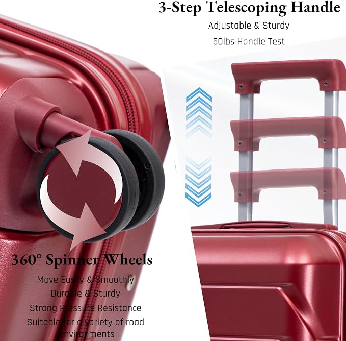 2-Piece ABS Hard Shell Lightweight Carry-On Luggage Set (14" & 20"), 360-Degree Spinner Wheels, Adjustable Telescopic Handle and Combination Lock for Travel, Wine Red - Image 4