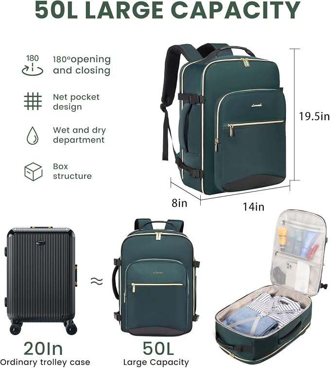 LOVEVOOK 50L Large Travel Backpack for Women Men Fits 17 Inch Laptop, Carry on Backpack for Traveling on Airplane, Personal Item Bag Airline Approved, Business Causal Weekender Backpacks - Image 2
