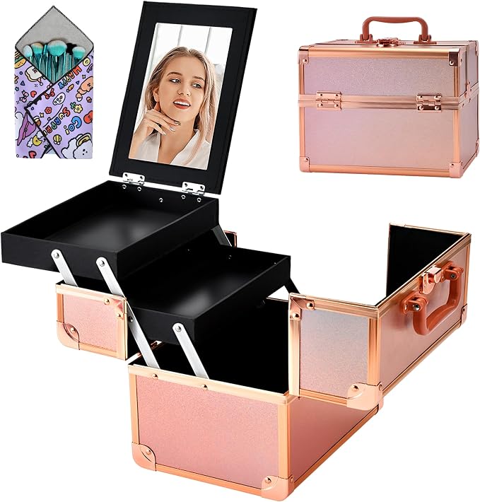 Makeup Train Case, Portable Makeup Case with Mirror, 2-Trays Cosmetic Organizer Case,Nail Polish Organizer, Travel Makeup Box, Profesional for Salon Barber, Rose Gold by Unknown