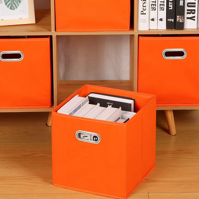 Fabric Cloth Storage Bins,Fabric Cube Bins Organizer with Dual Handles Foldable Cube Storage Baskets for Home Bedroom Storage,Set of 3,(Orange) - Image 3