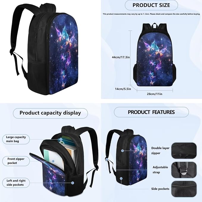 Galaxy Butterfly Backpack for Girls Kids Backpack with Lunch Box Water Bottle Carrier with Strap and Aesthetic Pencil Case 4PCS Set Bookbag with Compartments for School Teens 17" School Bag - Image 4