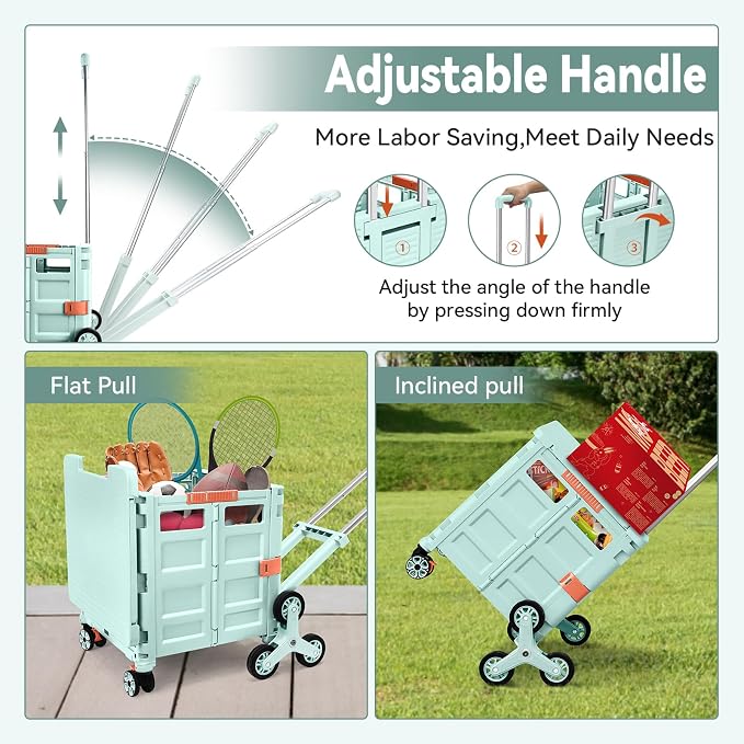 Foldable Utility Cart Portable Crate Rolling Dolly with Telescopic Handle,Can be Pulled diagonally, Magnetic Retractable Lid, 360°Swivel Climbing Wheels for Shopping Carrying Groceries Move Green - Image 3