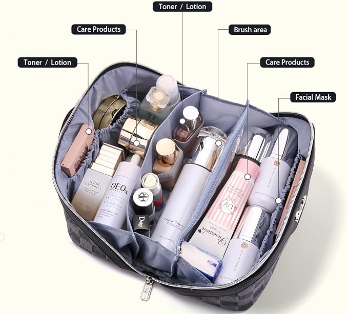 BOYATU Travel Makeup Bag for Women: Large Cosmetic Bag Set of 3 - PU Leather Make up Bag with Compartments - Compact Waterproof Toiletry Bag with Divider & Handle (D-2-Black) - Image 2