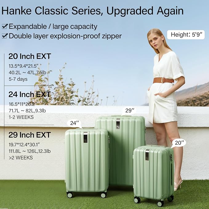 Hanke Expandable Hard Shell Luggage Sets 2 piece Carry on Luggage with Wheels Suitcases Lightweight Checked Travel Luggage Rolling Large Suitcase Travel Luggage Bag Woman Men 20/29 Inch(Bamboo Green) - Image 2